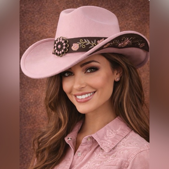 Pink Felt Embroidered Western Cowgirl Hat with Floral Band